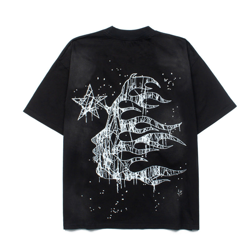 2026 American High Street Hip Hop Retro Flame Starry Sky Summer T-shirt