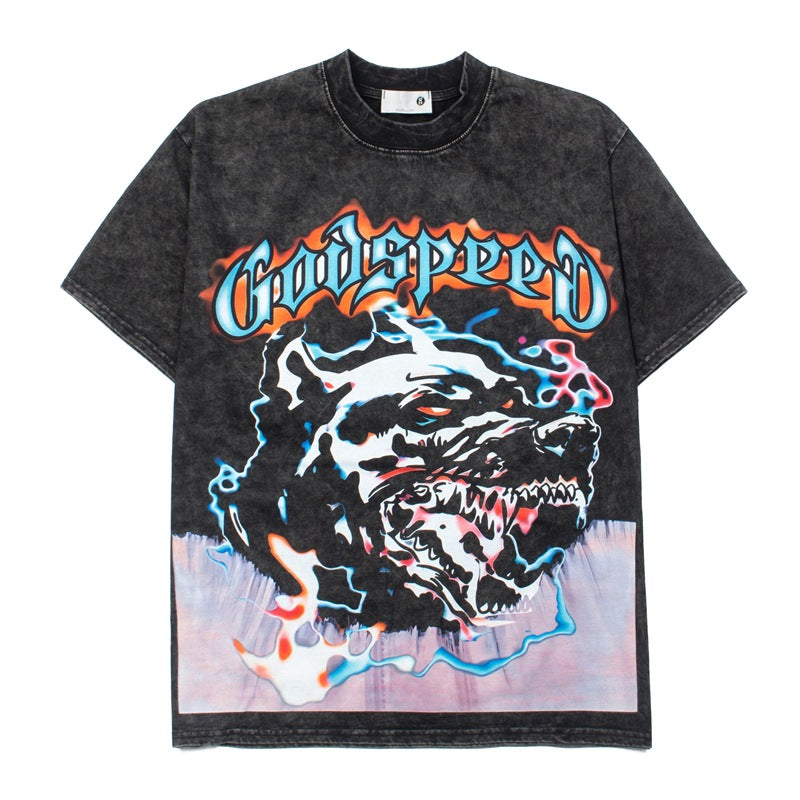 2026  American High Street Wolf Head Print  T-shirt