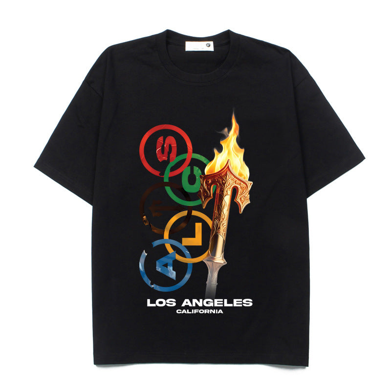 2026 American Style Gold Torch Print Loose Short-Sleeve T-shirt
