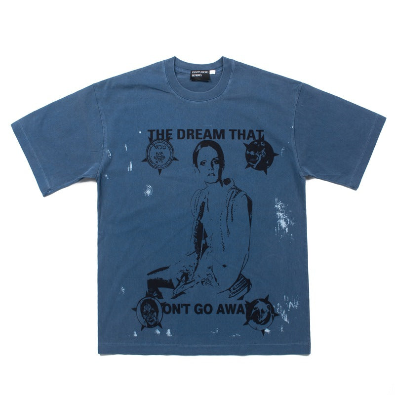 2026 American High Street Dream Letter Print Denim Blue T-shirt