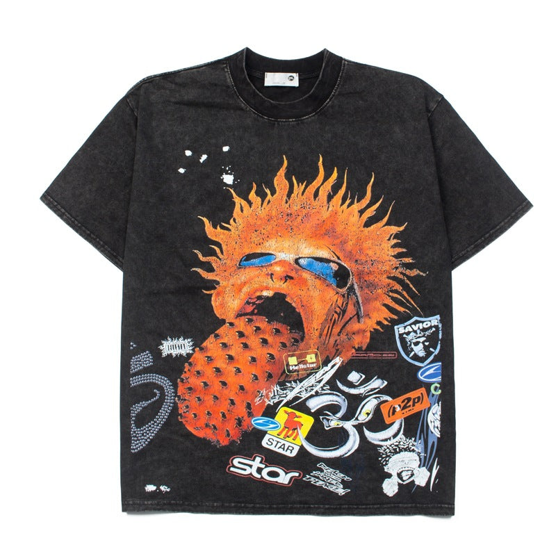2026 American Trendy Sun Flame Washed Retro Distressed T-shirt