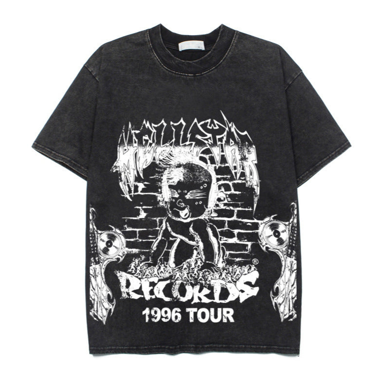 2026 American High Street Washed Distressed Retro Portrait T-shirt