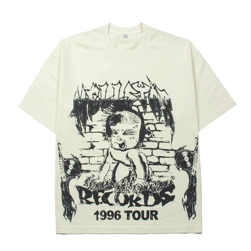 2026 American High Street Washed Distressed Retro Portrait T-shirt