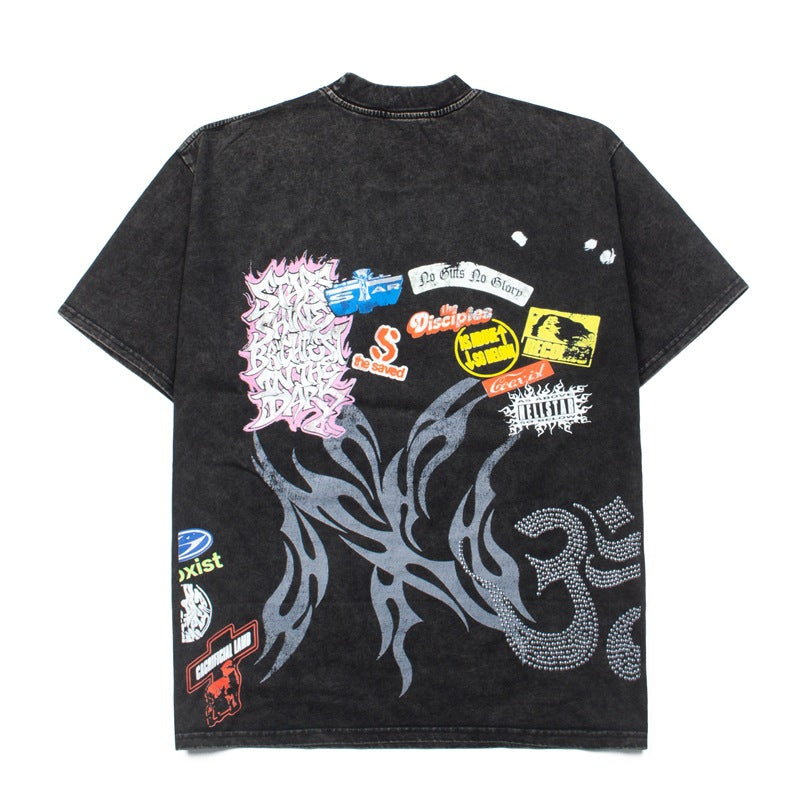 2026 American Trendy Sun Flame Washed Retro Distressed T-shirt