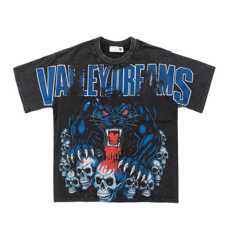 2026 American Street Style Washed Distressed Vintage Black  T-shirt