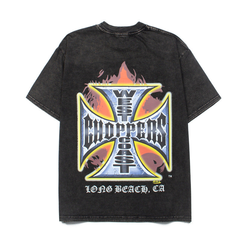 2026 American New Vintage Flame Pattern Iron Cross Retro T-shirt