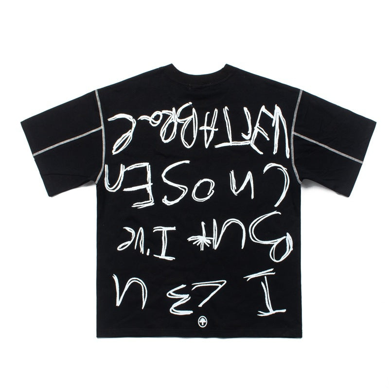 2026 American Street Hip Hop Color Block Patchwork Letter T-shirt