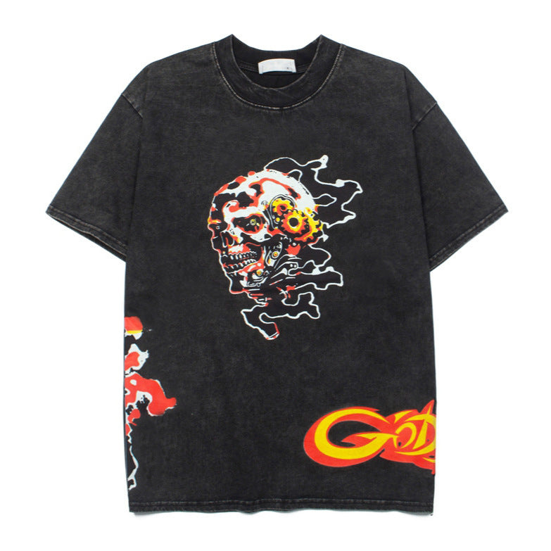 2026  American high street hip-hop street style fiery skull print T-shirt