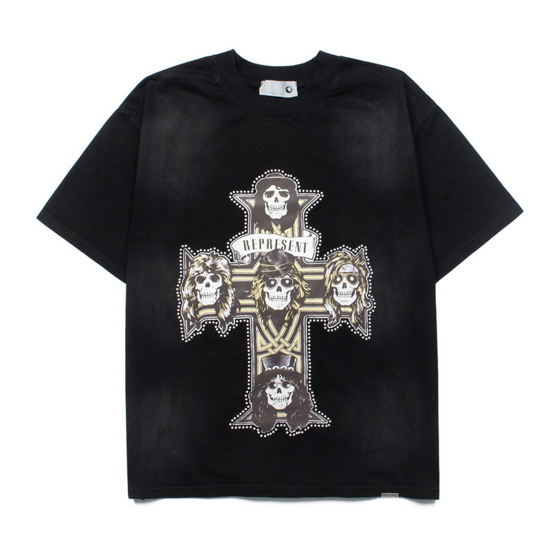 2026 American High Street New Skull Rose Distressed Wash T-shirt