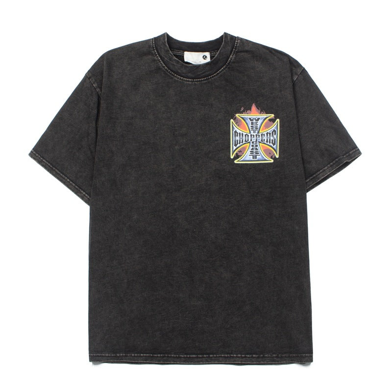 2026 American New Vintage Flame Pattern Iron Cross Retro T-shirt