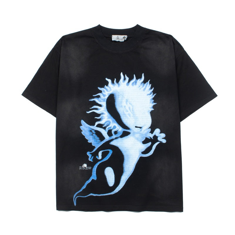 2026 American Retro Distressed Cartoon Angel Print T-shirt