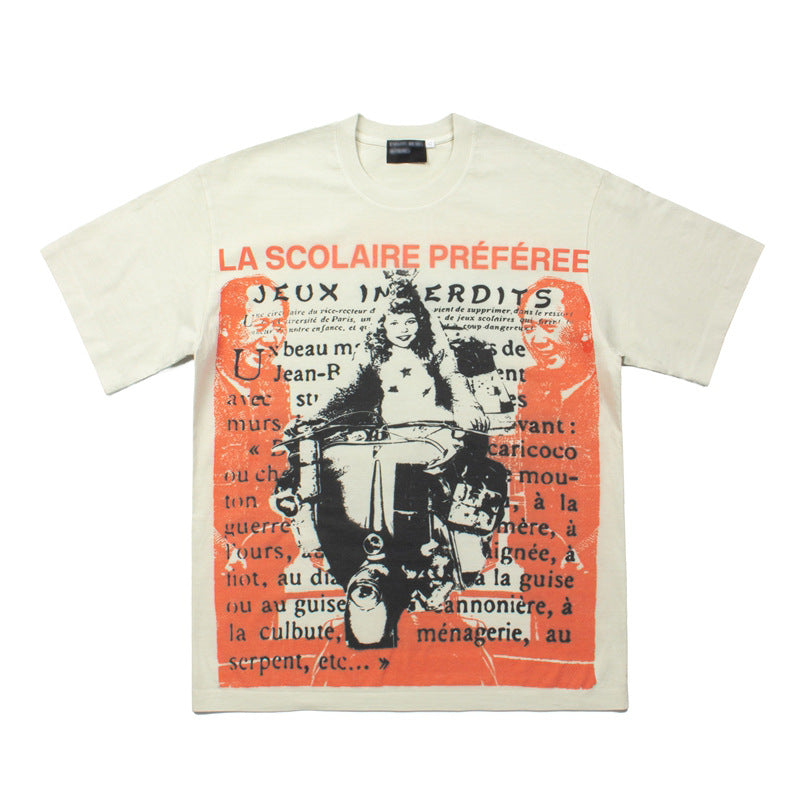 2026 New American Style Print Retro Washed Distressed T-shirt