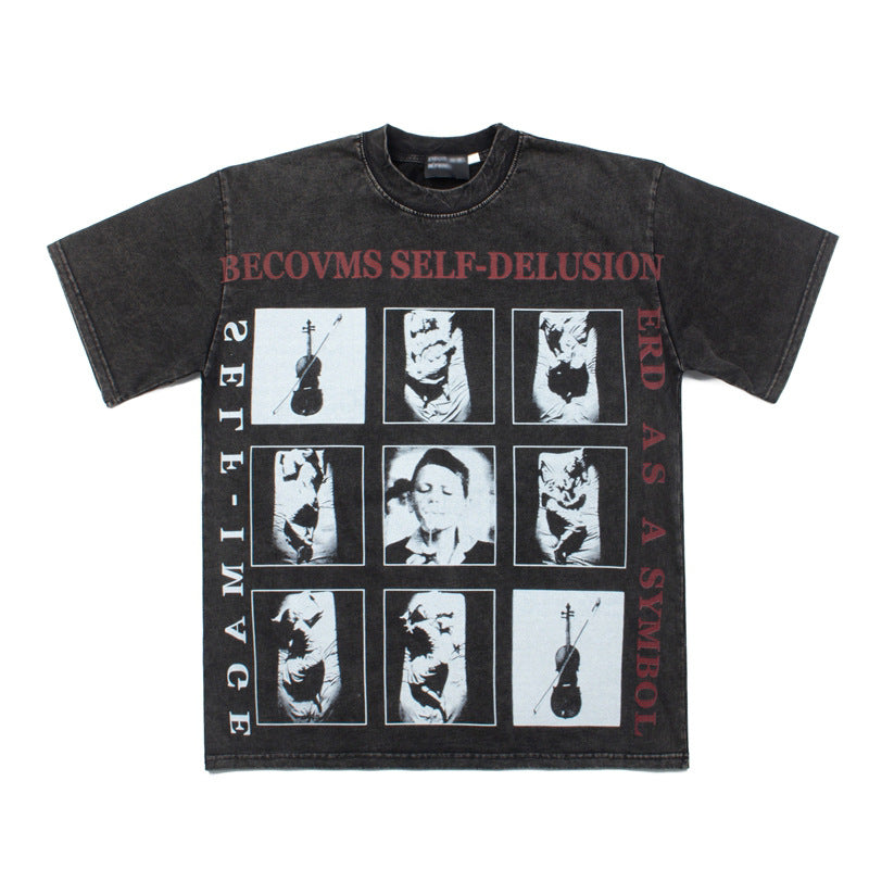 2026 American high street style nine-square grid violin print T-shirt