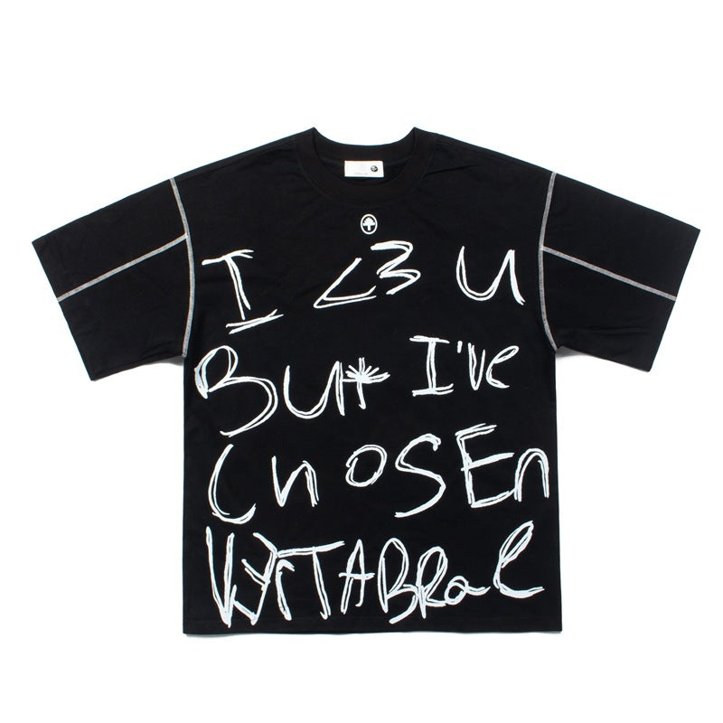 2026 American Street Hip Hop Color Block Patchwork Letter T-shirt