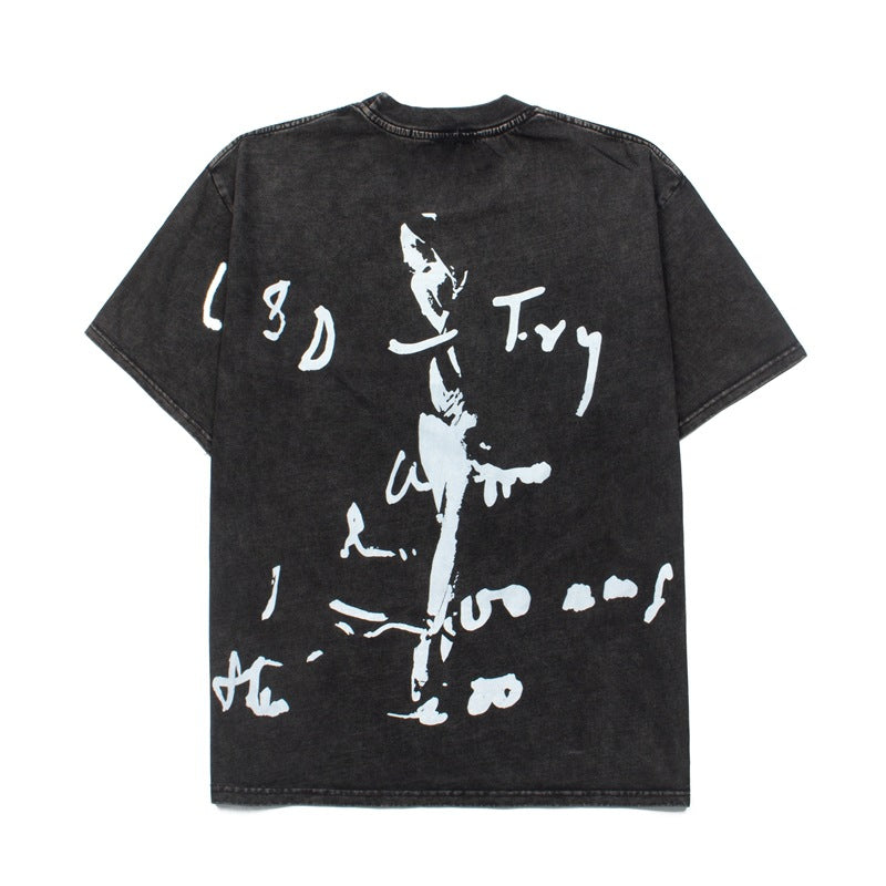 2026  American High Street Retro Faded Portrait Washed T-shirt