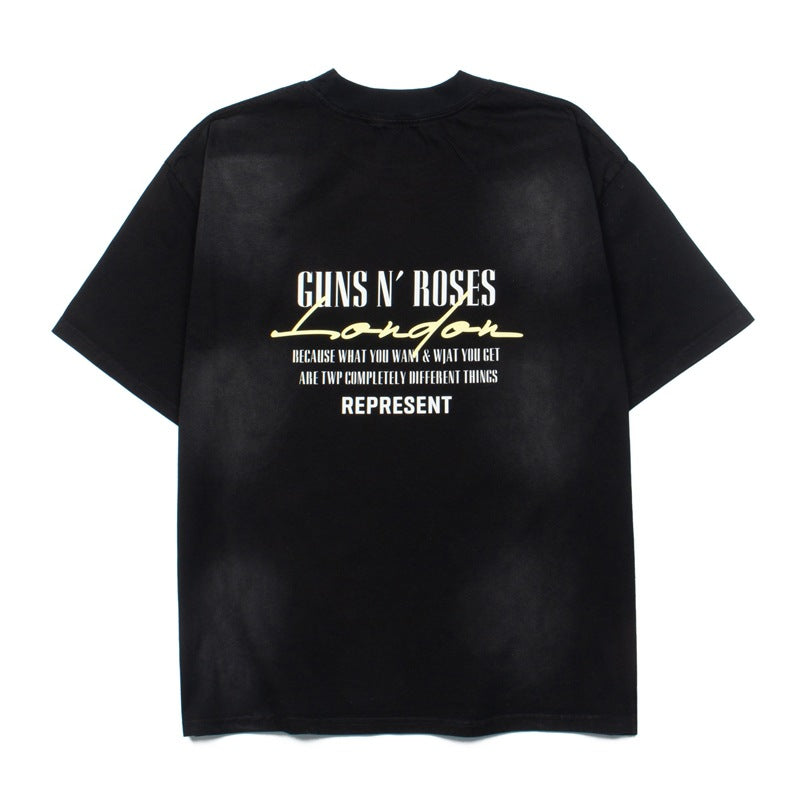 2026 American High Street New Skull Rose Distressed Wash T-shirt