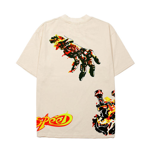 2026  American high street hip-hop street style fiery skull print T-shirt